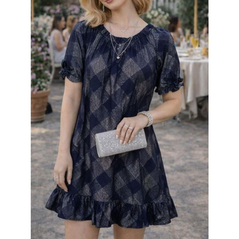 HILL HOUSE Home Navy Silver Metallic Plaid Katherine Nap Mini Dress Medium - Picture 5 of 11